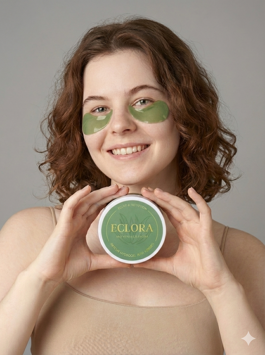Femme portant des patchs anti-cernes ECLORA à l’aloe vera et au collagène pour hydrater et lisser le contour des yeux.
 Image